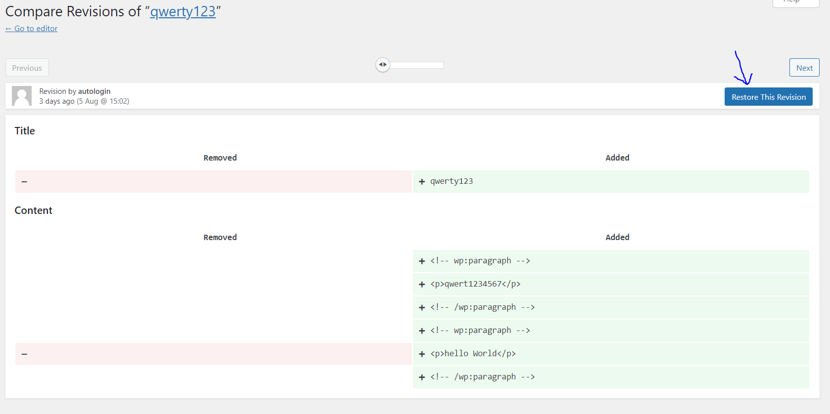 How to revert changes in wordpress 