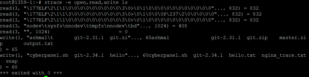 Logs 'open', 'read', and 'write' system calls made by the 'ls' command