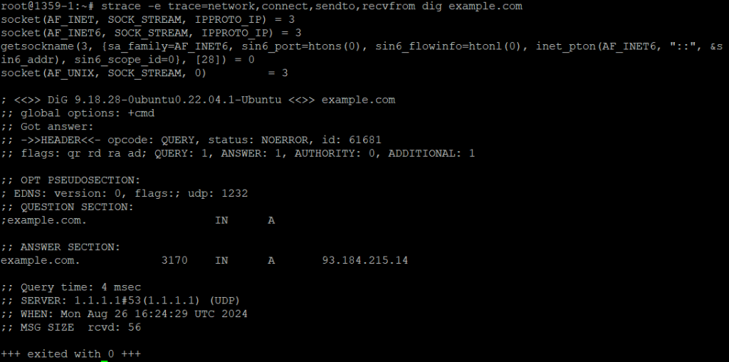 Logs network, 'connect', 'sendto', and 'recvfrom' system calls made by the 'dig' command.