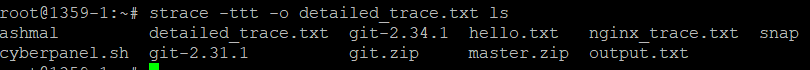 Logs detailed timestamps for each system call made by 'ls' to 'detailed_trace.txt'.