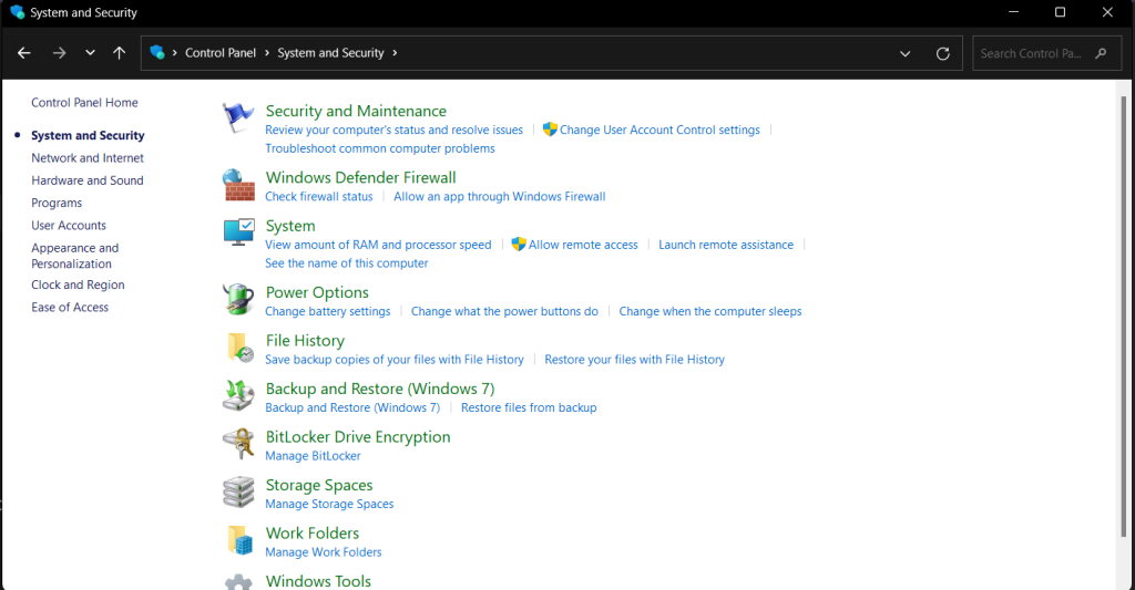 control panel home>system and security.