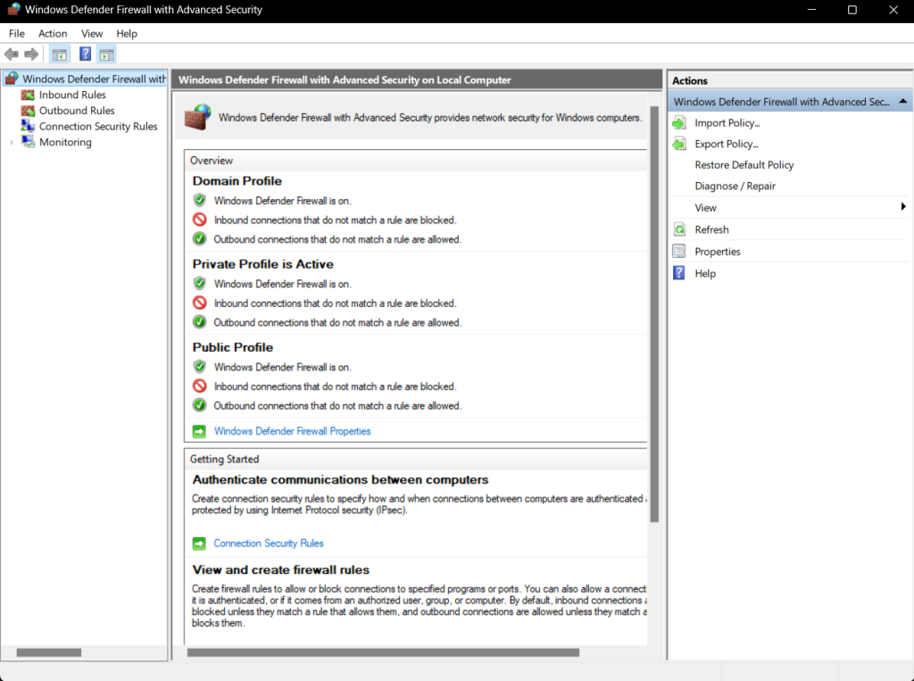 windows defender firewall with advanced security.