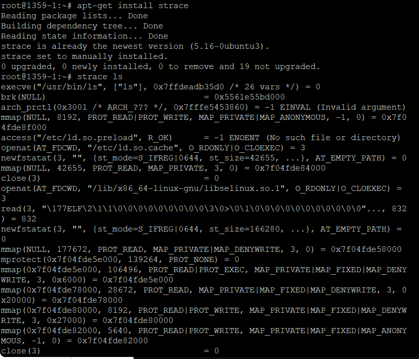 Displays system calls made by the ls command.