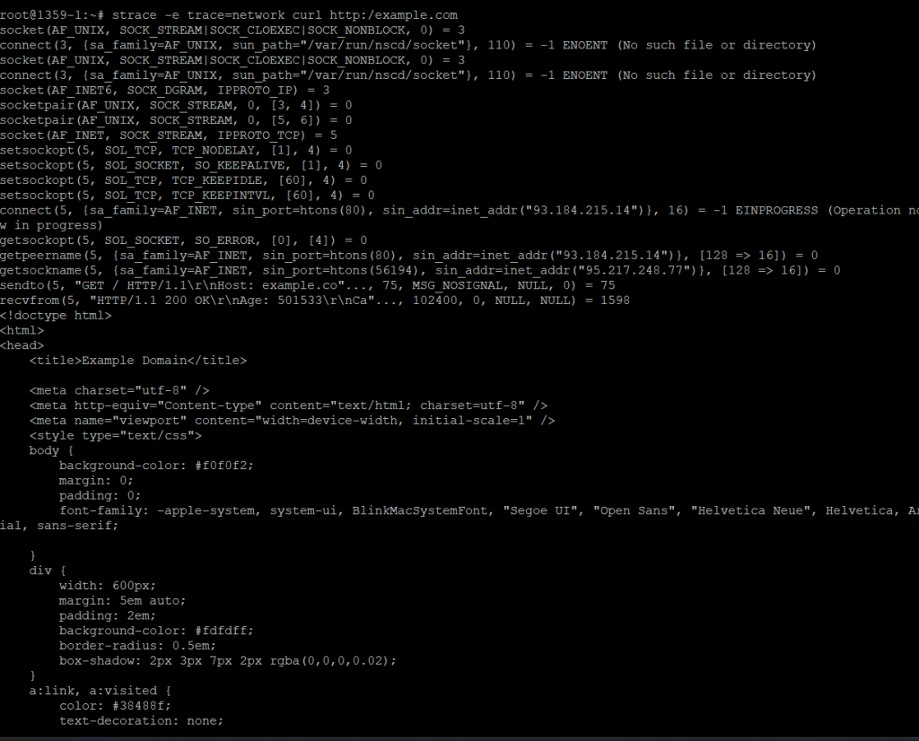 Logs network-related system calls made by the 'curl' command.