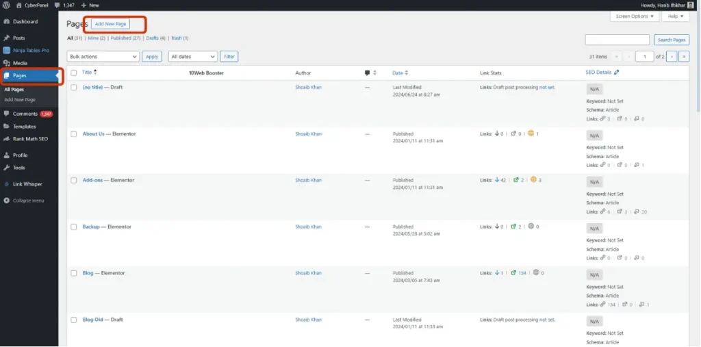 WordPress> Admin Panel> Pages