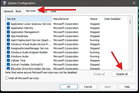 In services tab, clicking on "Disable all"