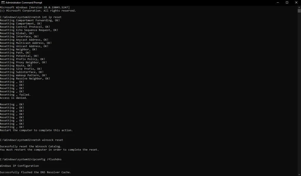 resetting network in cmd