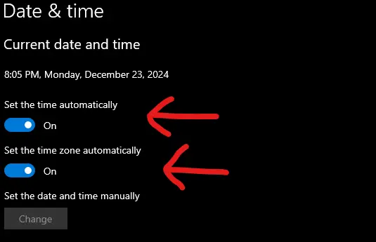 date and time settings in Windows 