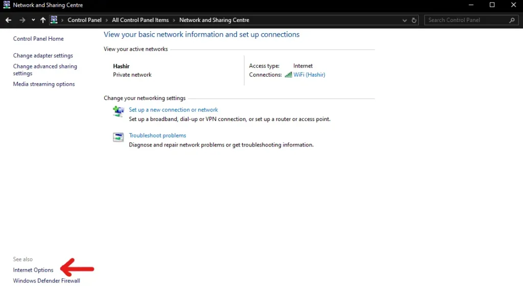 Internet options in control panel