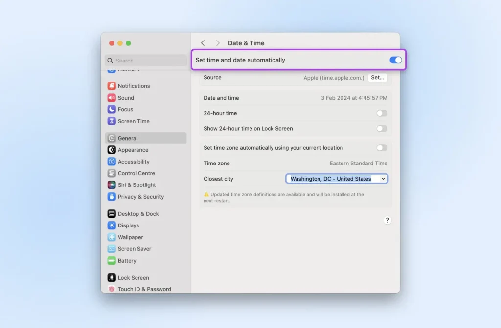 date and time settings in macOS