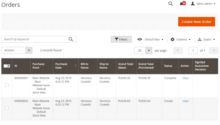 Magento 2 Demo-Orders