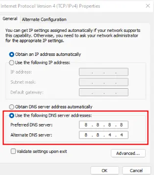 Entering DNS server addresses