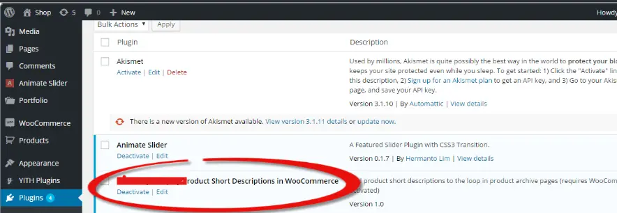 deactivate plugin for “can’t add descriptions for WooCommerce products” Problem