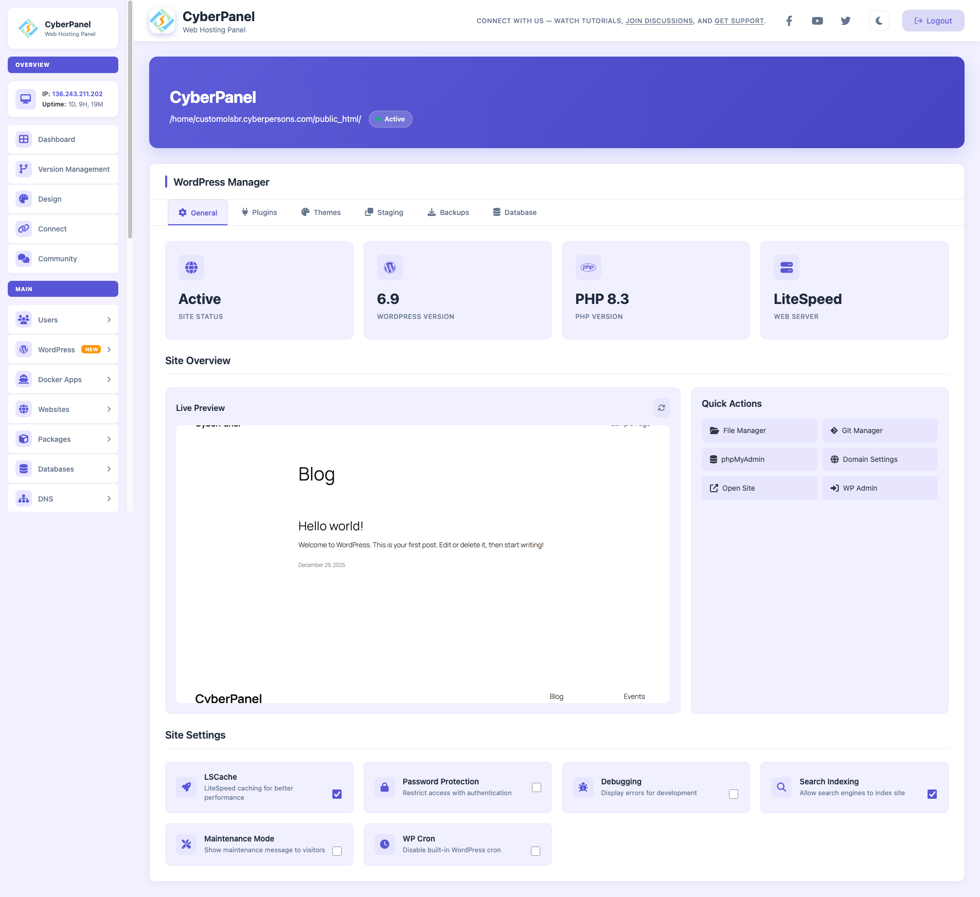 WordPress Manager Pro - One-click WordPress installation, auto-updates, staging environments, and LiteSpeed Cache optimization in CyberPanel