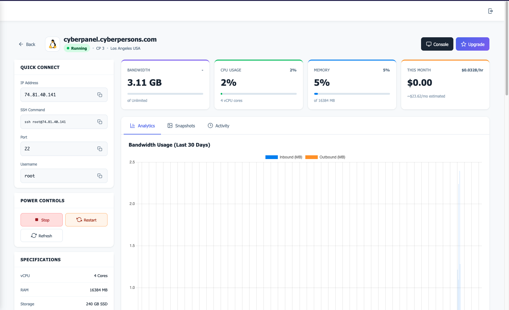 CyberPanel Cloud VPS Dashboard — server management, bandwidth monitoring, power controls