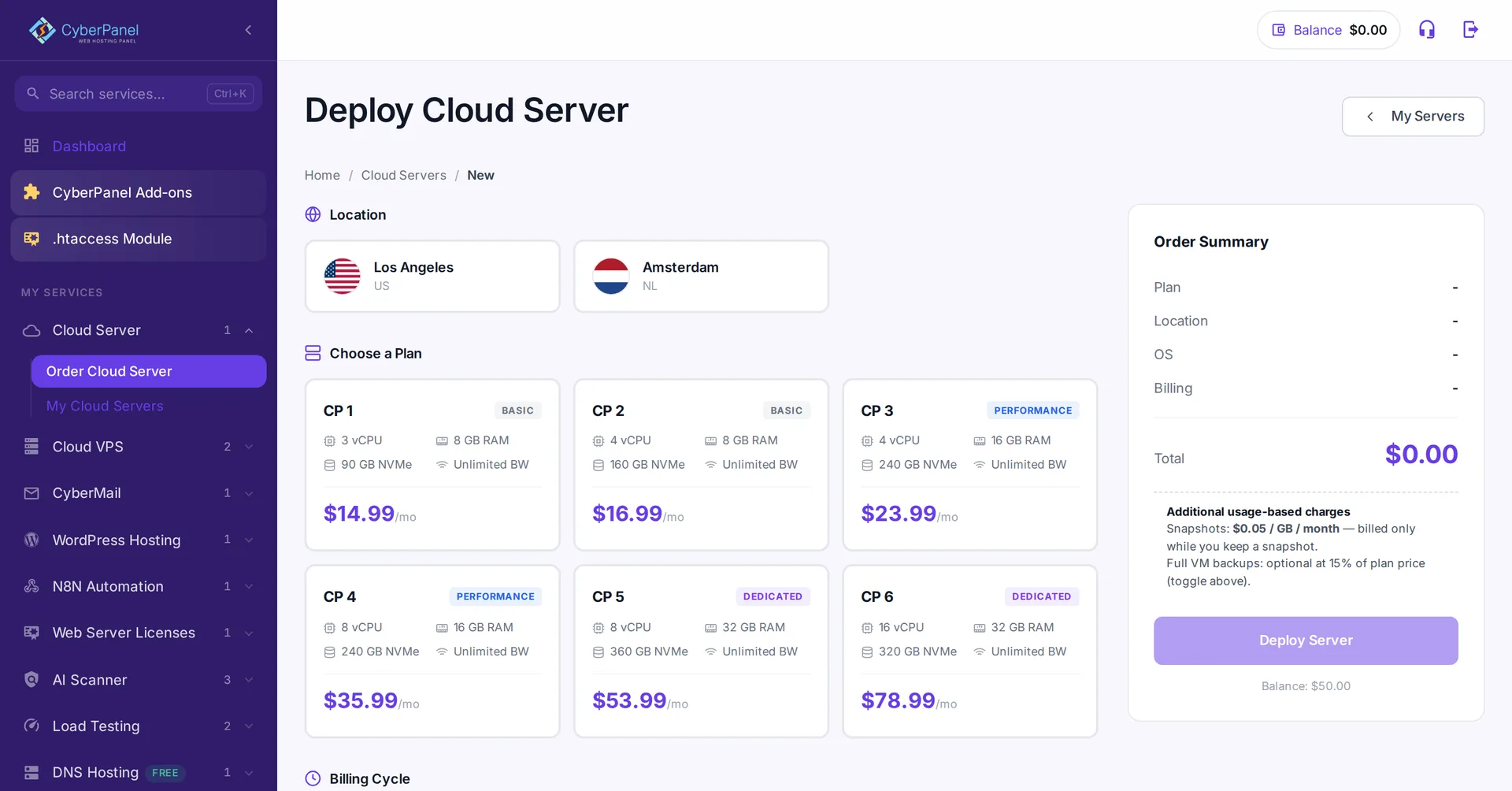 Cloud VPS order screen showing locations, plans and the order summary