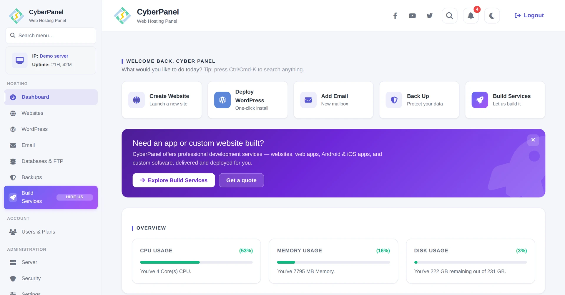 CyberPanel dashboard with website, WordPress, email, and backup tools
