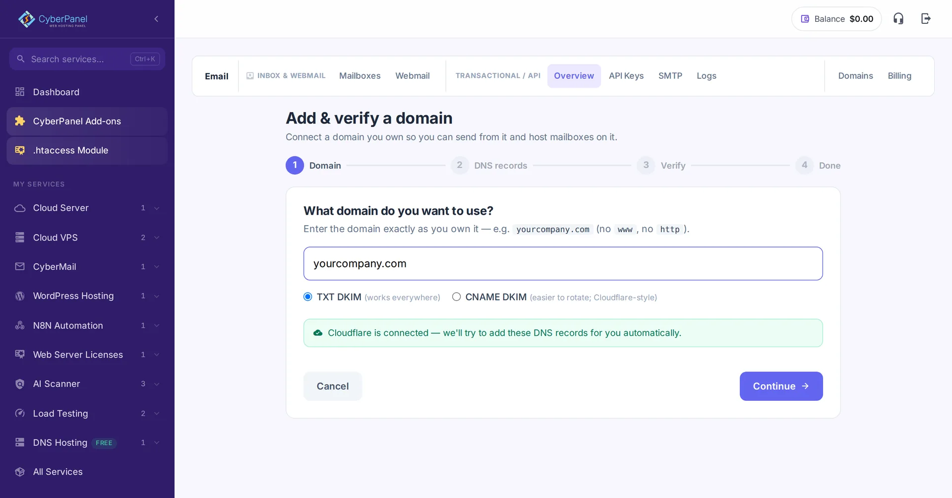 Add and verify a sending domain screen