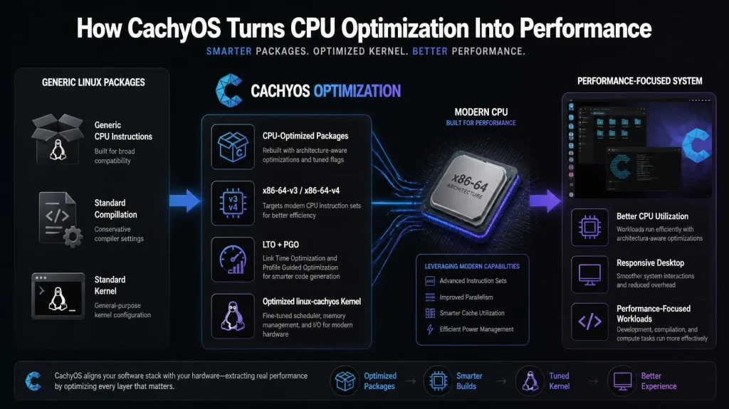 Create a professional editorial infographic for a technical Linux article titled **“How CachyOS Turns CPU Optimization Into Performance.”**

Show a clean left-to-right visual flow explaining how CachyOS optimizes a Linux system:

**Generic Linux Packages** → **CachyOS Optimization** → **Your CPU** → **Performance-Focused System**

In the first section, show generic software packages with subtle labels such as:
“Generic CPU Instructions”
“Standard Compilation”
“Standard Kernel”

In the middle, make **CachyOS Optimization** the visual focus. Show four clearly separated optimization elements:
“CPU-Optimized Packages”
“x86-64-v3 / x86-64-v4”
“LTO + PGO”
“Optimized linux-cachyos Kernel”

Then show these optimizations being matched to a modern CPU chip, with subtle processor architecture graphics and data pathways.

On the right, show a modern Linux desktop running smoothly, with small visual indicators for:
“Better CPU Utilization”
“Responsive Desktop”
“Performance-Focused Workloads”

Use a modern technical editorial style suitable for a professional Linux/DevOps website. Use a dark charcoal background with subtle blue and purple lighting, clean white typography, minimal neon accents, realistic CPU and software elements, sharp vector-style diagrams, balanced spacing, and strong visual hierarchy.

Do not show a generic CachyOS desktop screenshot. Do not show CyberPanel. Do not use exaggerated speedometers, percentage performance claims, “100% faster” statements, gaming FPS claims, or misleading benchmark numbers.

The infographic should communicate **how CachyOS applies CPU, compiler, package, and kernel optimizations**, not simply claim that it is faster.

Landscape 16:9 composition, high resolution, polished technology publication aesthetic, clean enough to be used as an in-article featured visual.
