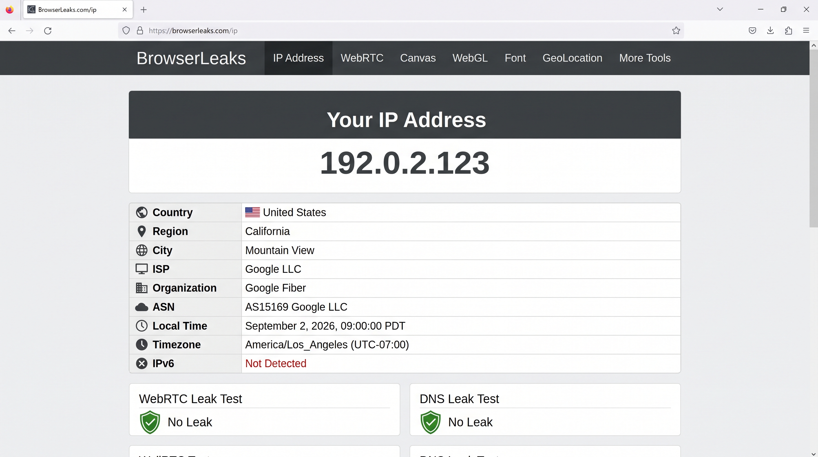 BrowserLeaks IP, WebRTC, and DNS leak diagnostics screenshot