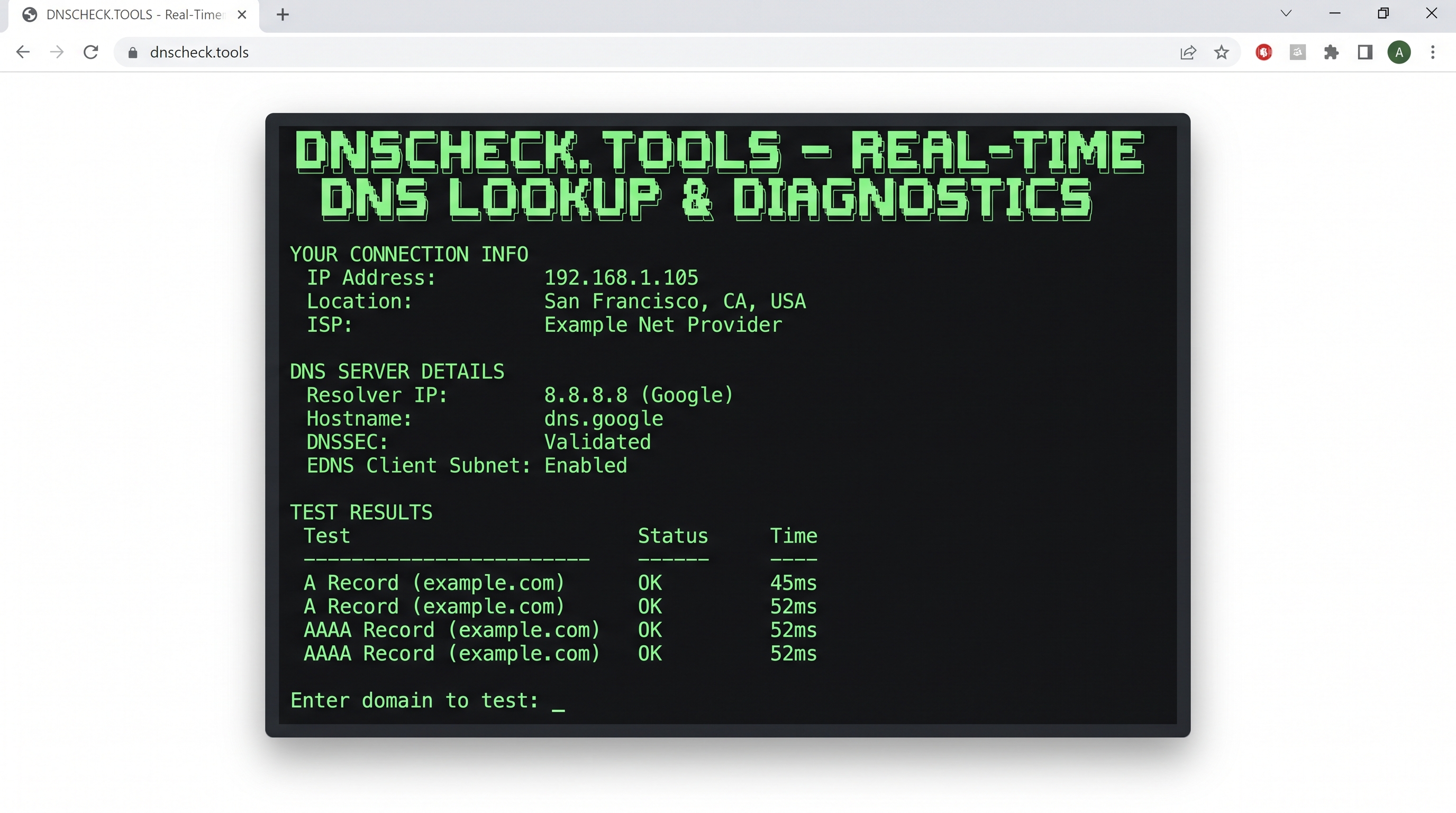 dnscheck.tools DNS resolver and DNSSEC validation screenshot