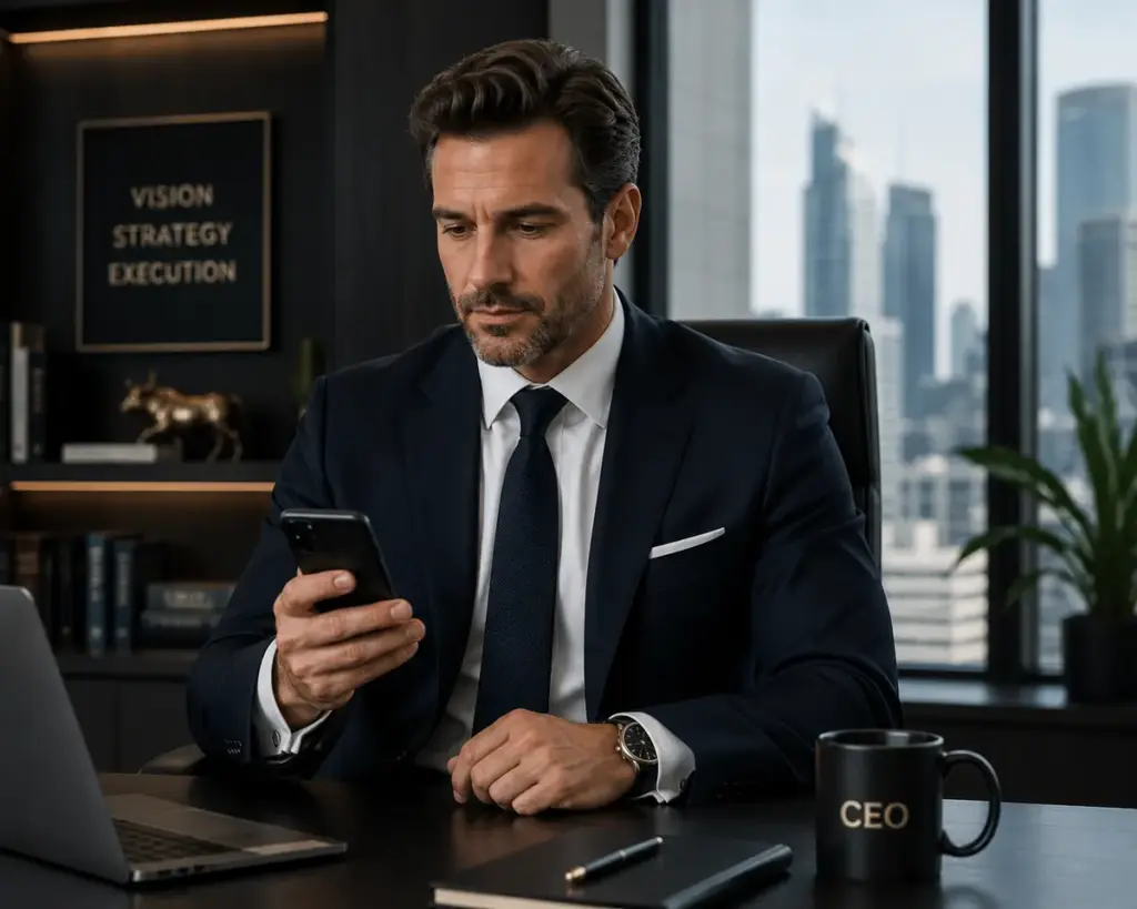 Business executive reviewing an enterprise mobile app on a smartphone at an office desk