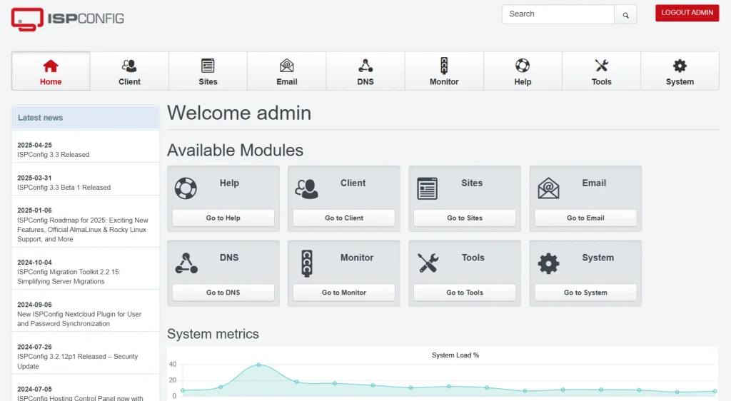 HestiaCP hosting control panel dashboard