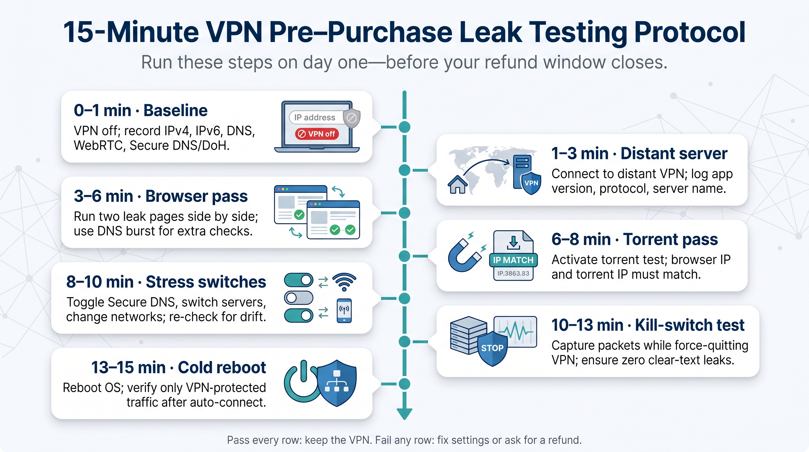 15-minute pre-purchase VPN leak test protocol table
