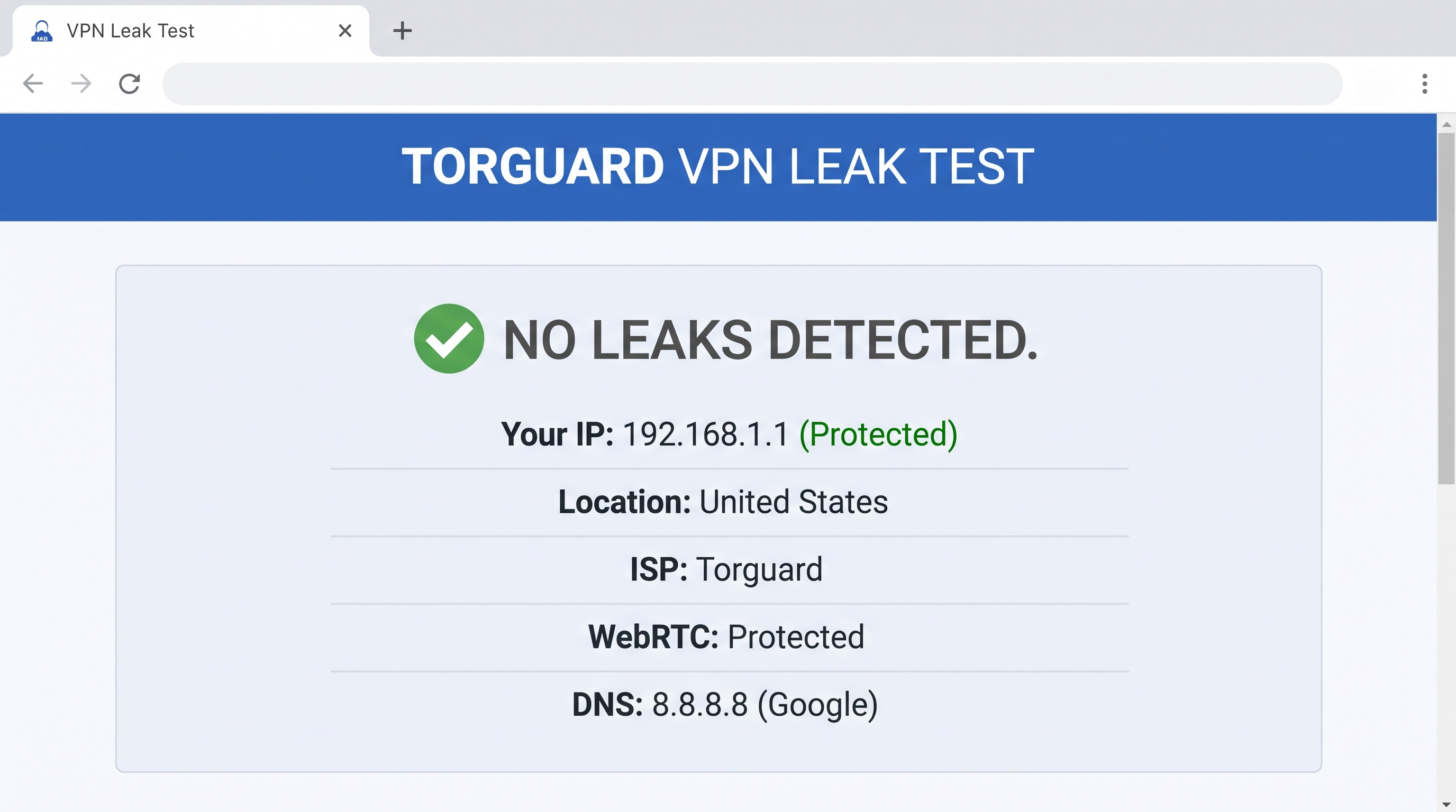 TorGuard VPN leak test DNS and WebRTC results screenshot