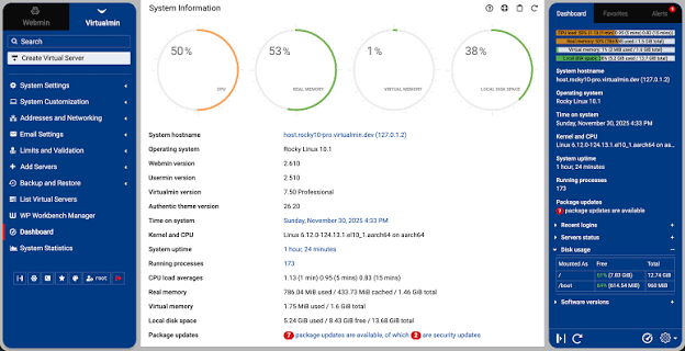 Virtualmin VPS hosting control panel dashboard