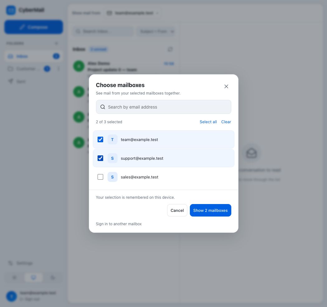 CyberMail mailbox picker with team and support selected and sales excluded