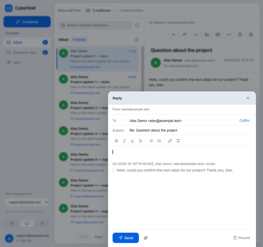 Reply composer showing team@example.test as From for a message received by team
