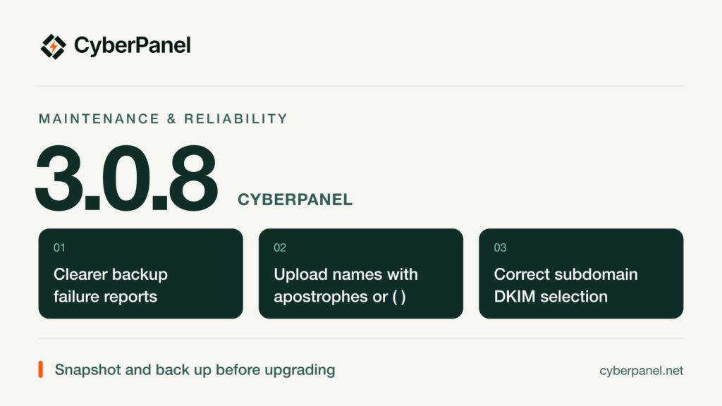 CyberPanel 3.0.8: clearer backup failure reports, upload filenames with apostrophes or parentheses, and correct subdomain DKIM selection. Snapshot and back up before upgrading.