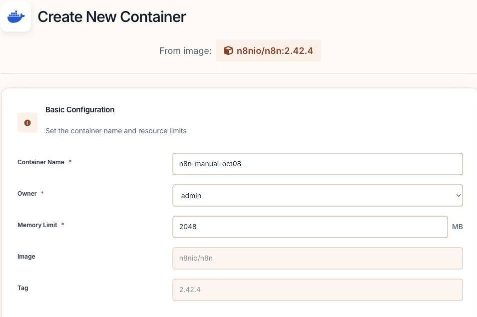The actual container form preserves the pinned image tag.