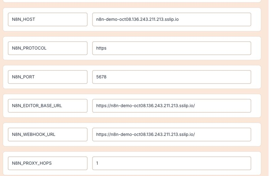 The configured public hostname, HTTPS URLs, internal port and proxy count.