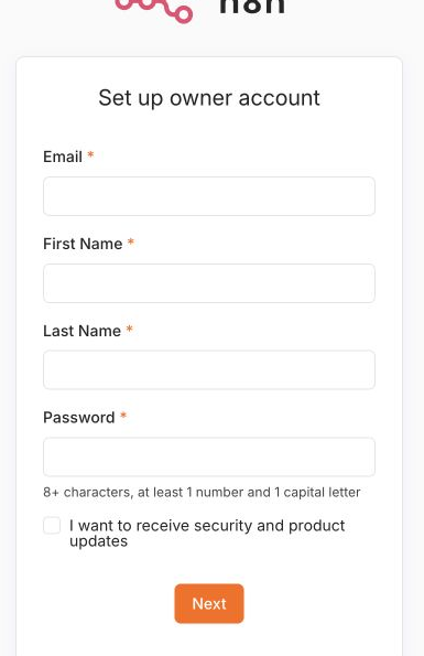 The blank n8n owner form; no account credentials are shown.