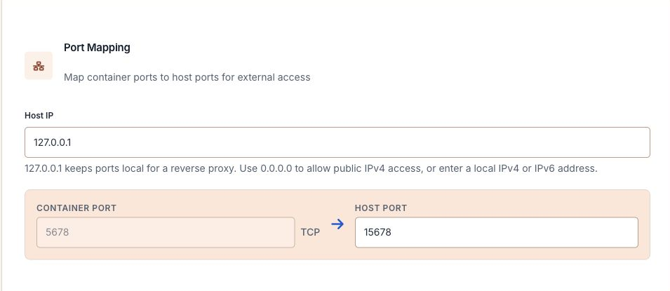 Loopback host port 15678 maps to n8n container port 5678.