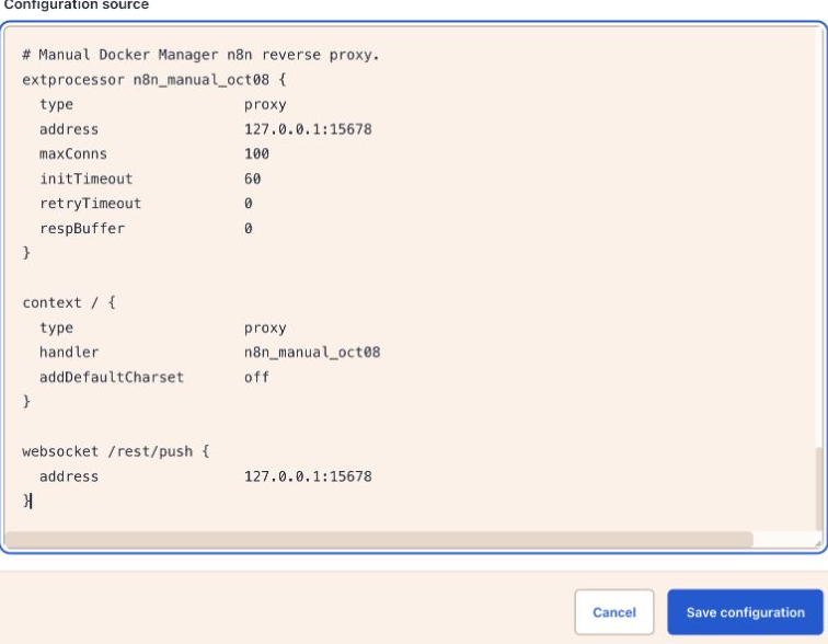 The refreshed virtual-host editor showing the actual added proxy blocks. Private original settings are outside this crop.