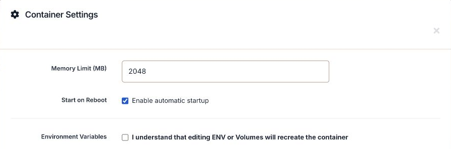 Enable automatic startup is selected in the actual container settings.