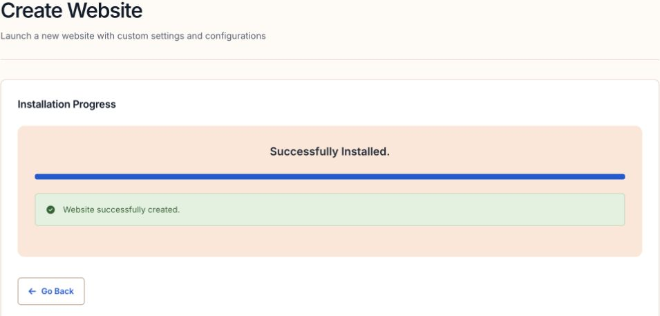 The website creation completed successfully.