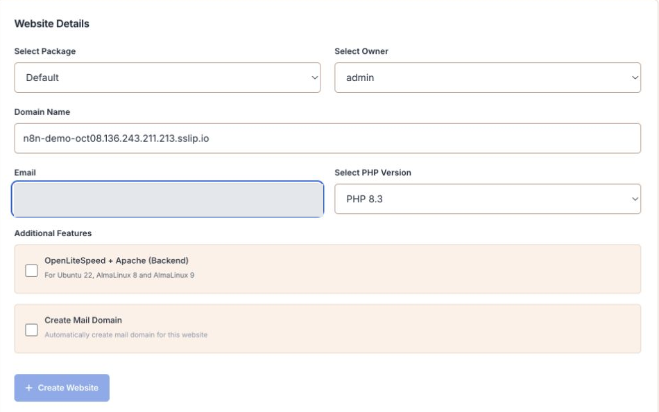 The actual website form. The contact email is covered.