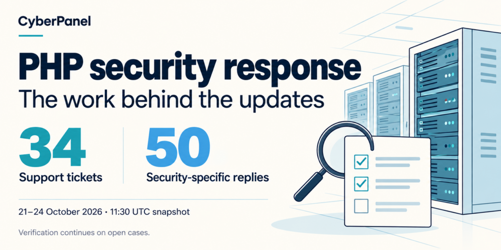 CyberPanel PHP security response: 34 support tickets and 50 security-specific replies, 21–24 October 2026; verification continues on open cases.
