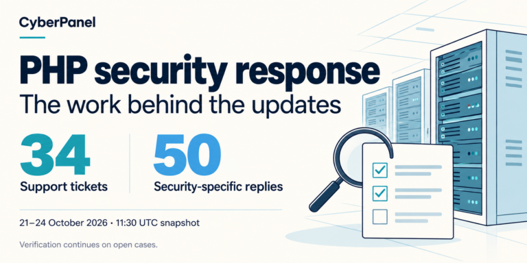 CyberPanel PHP security response: 34 support tickets and 50 security-specific replies, 21–24 October 2026; verification continues on open cases.