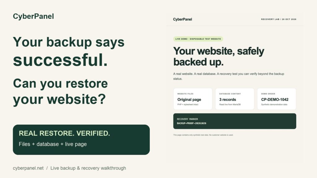 CyberPanel backup and restore demonstration: original files and database values recovered on a real test website
