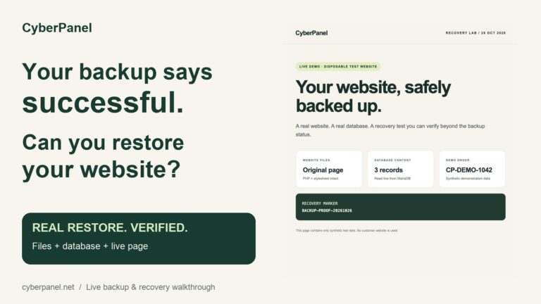 CyberPanel backup and restore demonstration: original files and database values recovered on a real test website