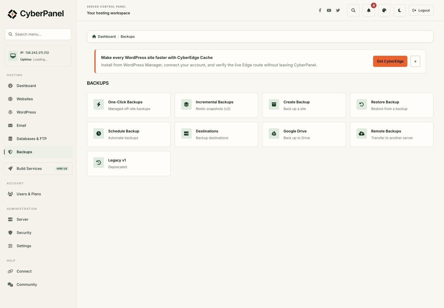 The actual Backups hub on the test server: Create Backup and Restore Backup are separate tools.