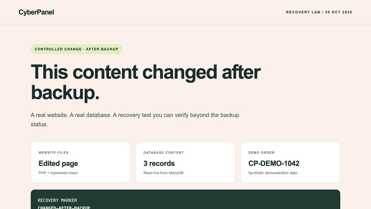 Controlled changes after backup: the page appearance and database marker both differ from the original.