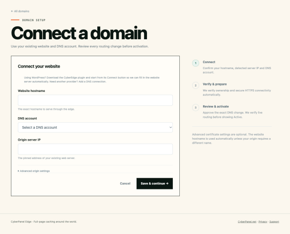 CyberEdge Connect a domain form for hostname and origin details
