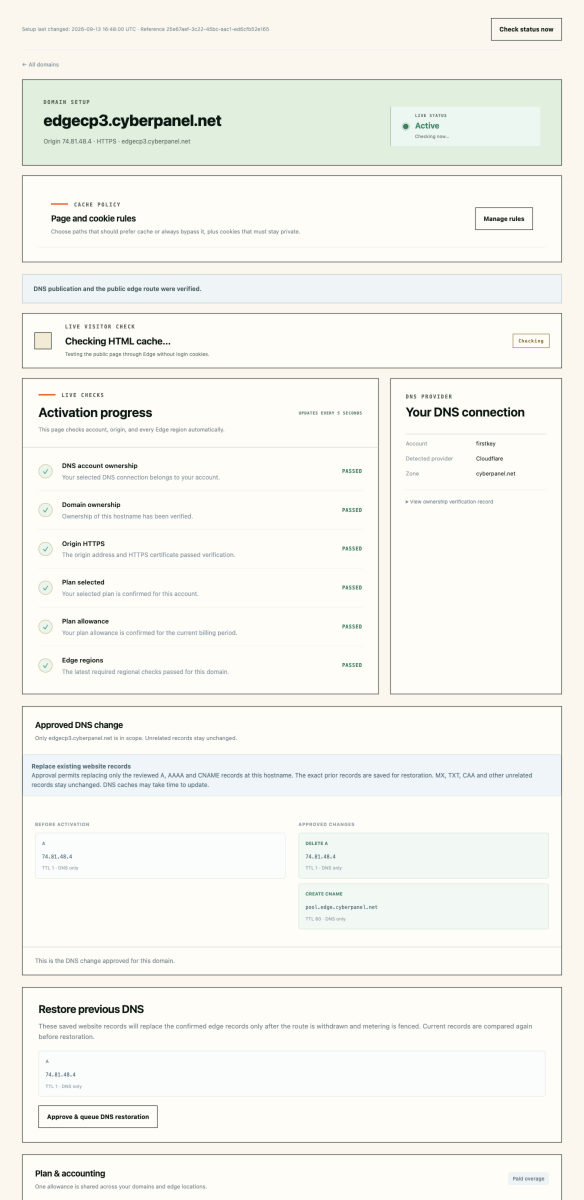 CyberEdge active domain detail page with activation checks