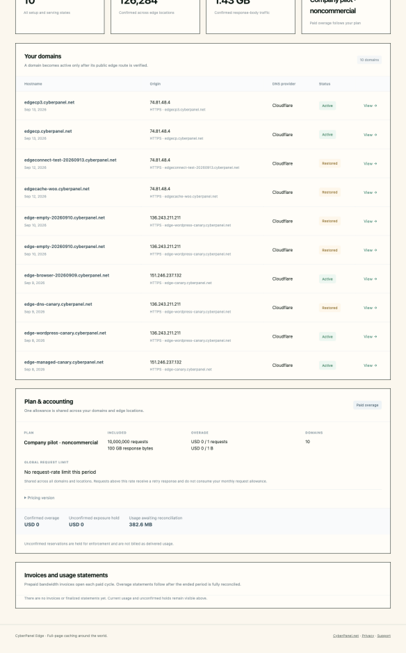CyberEdge overview showing usage and per-domain serving states